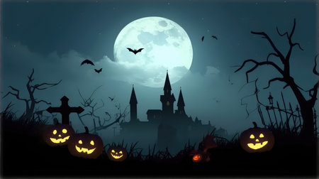 Halloween background with pumpkins, cemetery, castle and bats.の素材