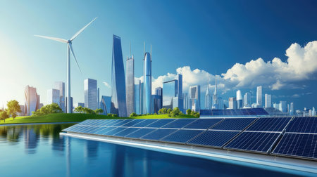 Clean energy concept with solar panels, wind turbines and modern cityscapeの素材