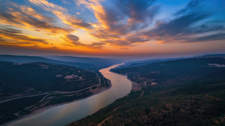 Aerial view of the Dnister river in Ukraine at sunsetの素材