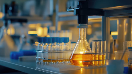 Laboratory glassware with liquid in laboratory, science research and development conceptの素材