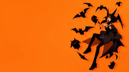 Halloween background with flying bats and witch on orange background. Copy space.の素材