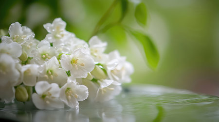 Beautiful white jasmine flowers on a green background, macroの素材
