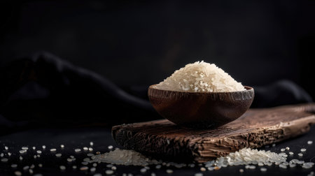 Rice in a wooden bowl on a black background. Selective focus.の素材