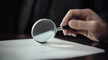 Businessman with magnifying glass on the table. Selective focus.の素材