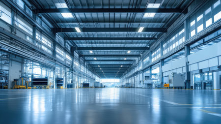 Interior of a large industrial warehouse. Industrial background. Nobody insideの素材