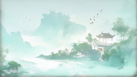Chinese style pavilion in the water. Watercolor painting illustration.の素材