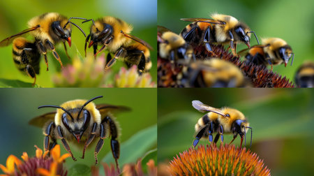 Collage of bumblebees collecting pollen from Echinacea flowerの素材