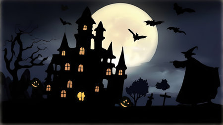 Halloween background with haunted house, full moon and bats. Vector illustration.の素材