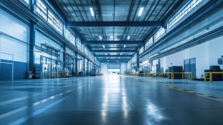 Interior of a modern warehouse. Blue toned image with motion blurの素材