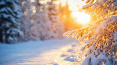 Beautiful winter landscape with snow covered trees and sunbeams.の素材