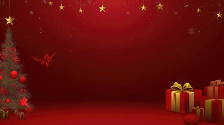 Christmas and New Year red background with gift boxes and Christmas tree.の素材