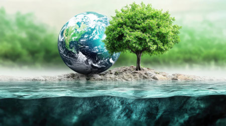 Ecology concept. Earth planet and tree in water. 3D renderingの素材