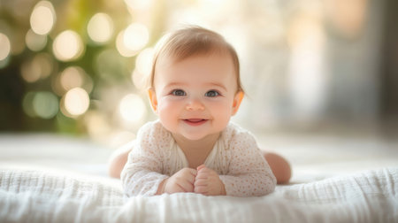 Cute little baby girl lying on bed at home, closeupの素材