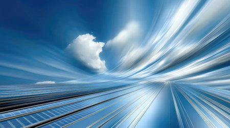 Abstract background of blue sky with white clouds and moving cars in motionの素材