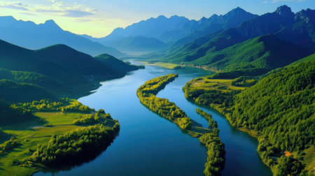 Aerial view of the mountain lake in the mountains. Summer landscape.の素材