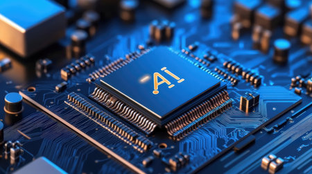 Close-up view of a modern GPU card circuit with details (3D rendering)の素材