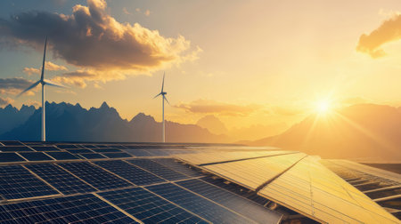solar energy panels and wind turbines at sunset, alternative electricity sourceの素材