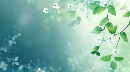 Spring background with green leaves, flowers and bokeh. Vector illustration.の素材