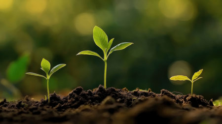 Green seedling illustrating concept of new life and natural growing in early springの素材