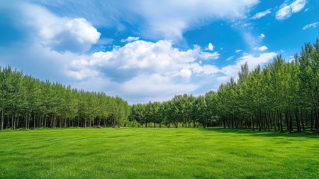 Green meadow and trees in the forest, panoramic viewの素材
