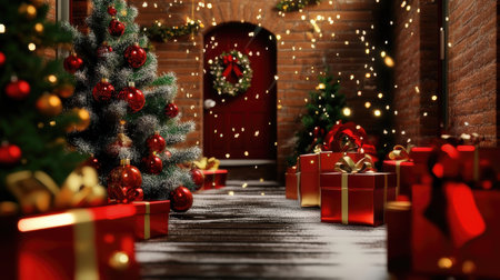 3D rendering of a Christmas tree with presents in front of a doorの素材