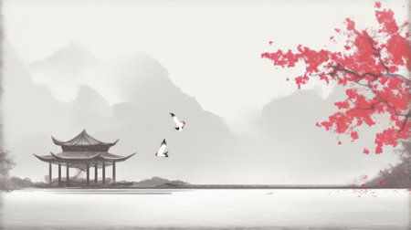 Chinese New Year landscape with traditional Chinese house and red cherry blossomの素材