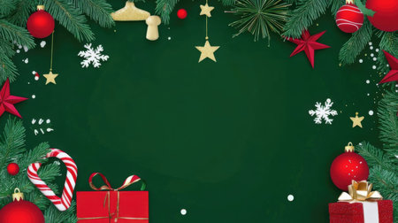 Christmas background with green chalkboard, christmas tree branches, candy canes and decorations.の素材