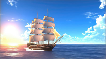 Sailing ship in the sea at sunset. 3D render.の素材