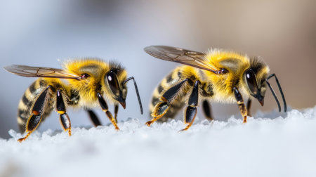 Close up of a bee on the snow. Shallow depth of field.の素材