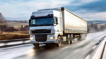 Truck on the road with motion blur effect. Freight transportation concept.の素材