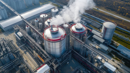 Aerial view of oil refinery and petrochemical plant in sunny dayの素材