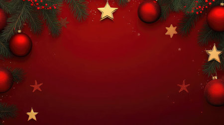 Christmas background with fir branches, red balls and stars. Vector illustration.の素材