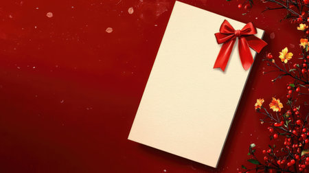 Gift box with red bow on red background. Top view.の素材