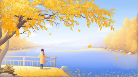Autumn landscape with lake, trees and woman. Vector illustration.の素材