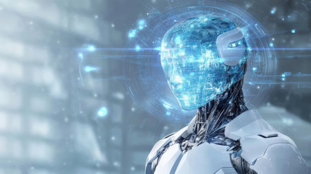 Cyborg on blurred background using digital artificial intelligence interface 3D renderingの素材