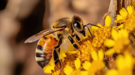 Bee on yellow flower in nature. Close-up. Macro.の素材