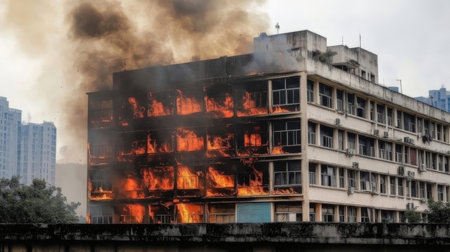 Burning building in the city. Fire in the city. Fire in the city.の素材