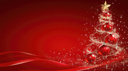 christmas background with christmas tree and snowflakes on redの素材