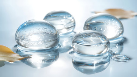 Transparent glass balls with water drops and autumn leaf on white backgroundの素材