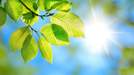 green leaves background in sunny day with bokeh and sun rayの素材