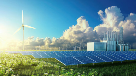 Solar panels and wind turbines in a green field. 3d renderの素材