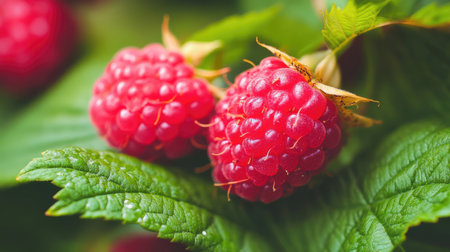 Ripe raspberries on a green background. Selective focus.の素材