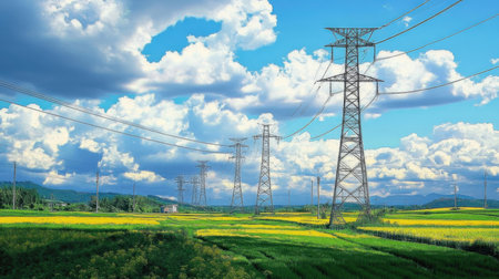 High voltage power lines and yellow rice field under blue sky with cloudsの素材
