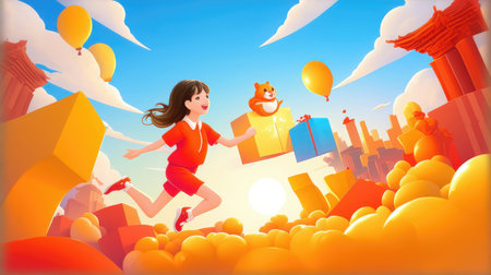 Businesswoman running with a gift box in the shape of a bear.の素材