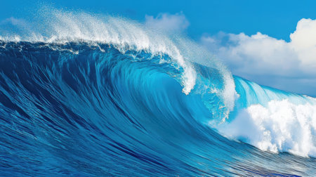 Blue ocean wave with white foam and blue sky. 3D illustrationの素材