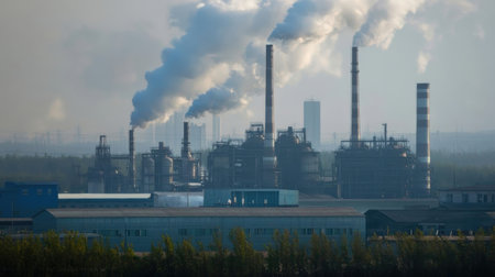 Industrial landscape with smoke from pipes of power plant in foggy morningの素材