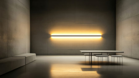 3d rendering of a room with a bench and a wall lampの素材