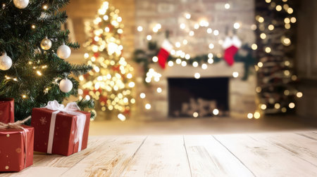 Christmas tree and gifts on a wooden table with bokeh backgroundの素材