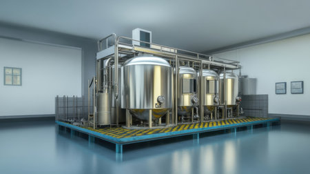 3d render of modern brewery interior with tanks and conveyor beltの素材