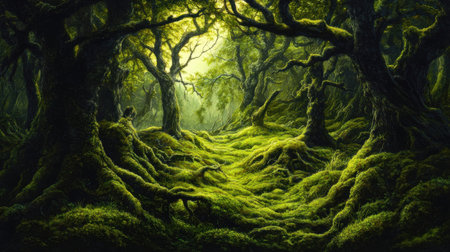 Fantasy dark forest with fog and green moss. 3d renderingの素材